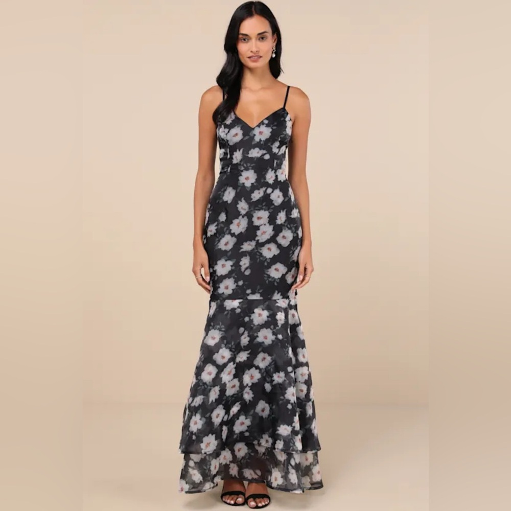 Lulu's Pure Splendor Black Floral Organza Trumpet maxi dress